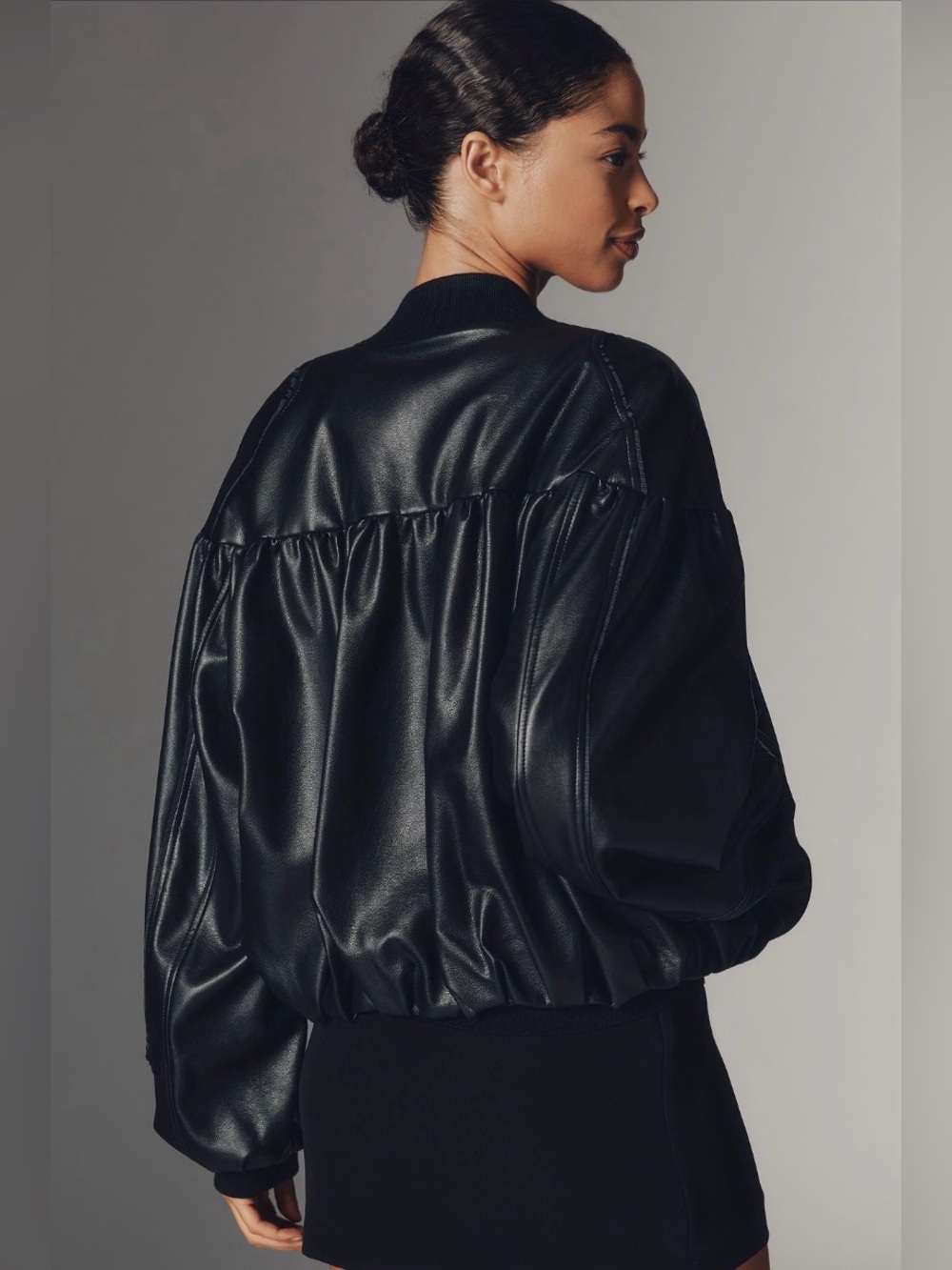 ✨ Anthropologie Faux Leather Crop Bubble Bomber Jacket Sz M - Picture 5 of 9